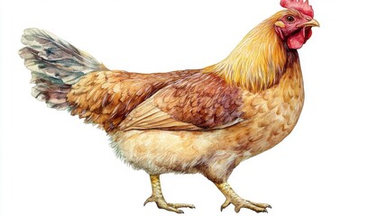 Chicken illustrated in watercolor style, featuring soft, blended hues and gentle brushstrokes that bring out its unique plumage.