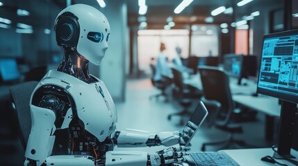 Fototapeta premium A humanoid robot sits in a modern office, working on a laptop. The robot has a white and silver body with visible internal mechanisms and blue glowing eyes.