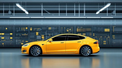 Yellow electric car in modern garage interior