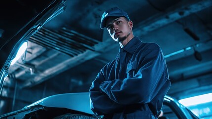 A mechanic stands confidently in a garage, showcasing expertise and readiness for work.