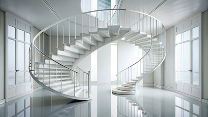 White spiral staircase with white railings reflected in water