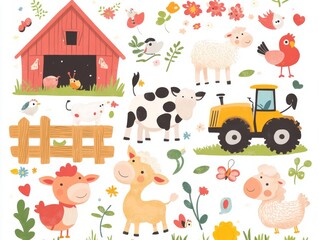 Obraz premium 2408 69.A charming vector set of cute baby animals like a cow, donkey, sheep, and chicken, surrounded by farm-related elements like a tractor, barn, and fence. The bright colors and playful style