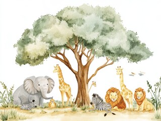 2408 71.A watercolor illustration depicting a group of safari animals like elephants, lions, giraffes, and zebras resting under a large tree in the savannah. The soft watercolor strokes and muted