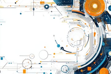 Obraz premium background with geometric color blocks and circular patterns in blue and orange, creating a modern and futuristic design ideal for technology themes