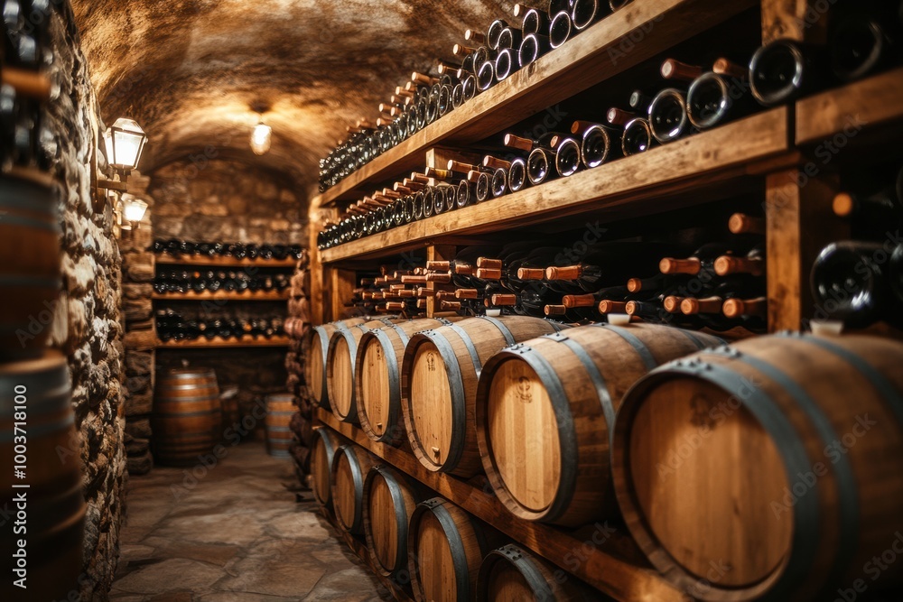Poster a rustic wine cellar featuring wooden barrels and shelves brimming with a variety of wine bottles re