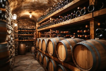 A rustic wine cellar featuring wooden barrels and shelves brimming with a variety of wine bottles ready for aging. Generative AI