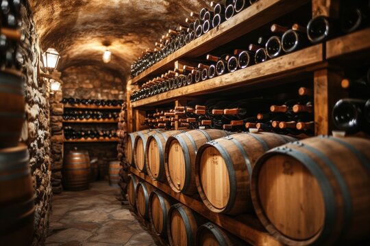 A rustic wine cellar featuring wooden barrels and shelves brimming with a variety of wine bottles ready for aging. Generative AI