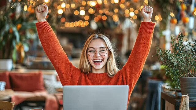 Young happy business woman office worker student feeling excited raising hands winning online looking at laptop celebrating professional achievement, good online result getting hired