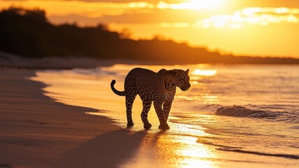 Leopard walking along a tranquil beach at sunset, its silhouette blending with the golden sands and serene ocean.