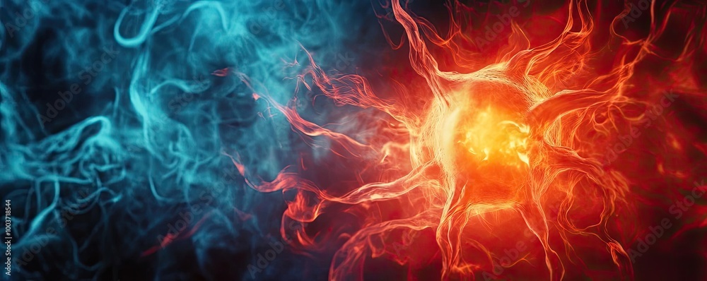 Poster Vibrant abstract image featuring a dynamic interplay of blue and red hues representing energy and movement.