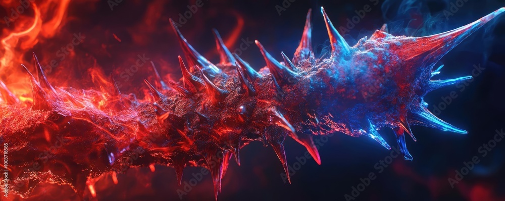 Poster a vibrant abstract design featuring a blend of fiery red and cool blue textures, creating an intense