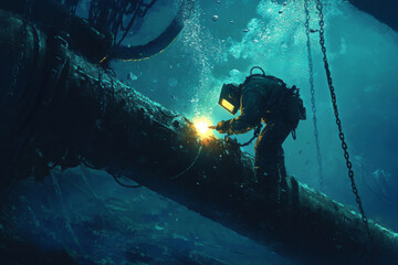 An underwater welder is diligently performing repairs on a submerged structure. Bubbles rise as welding equipment emits a bright spark, illuminating the dark water surrounding the worker.