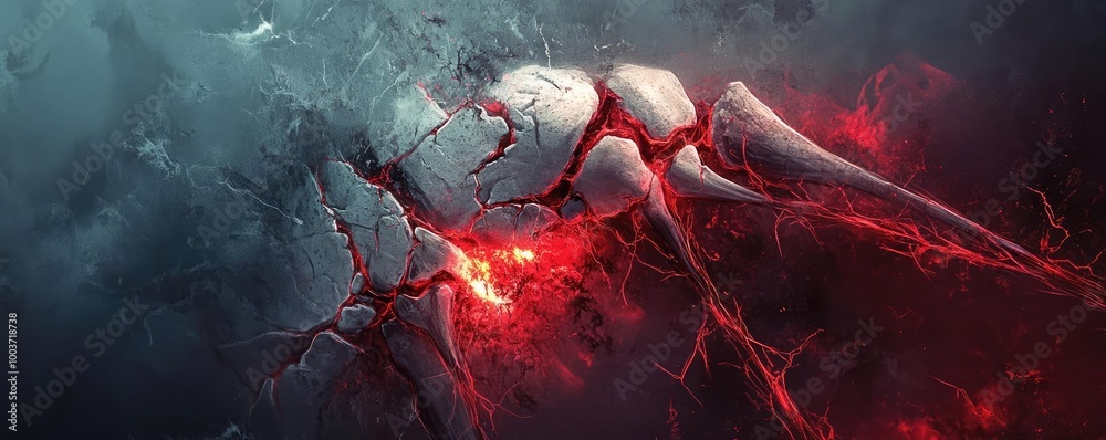 Poster abstract image featuring cracks and glowing red light, symbolizing strength and resilience amidst ch