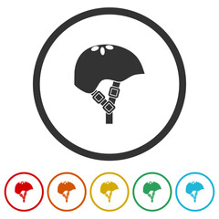 Skateboard or bicycle helmet icon. Set icons in color circle buttons