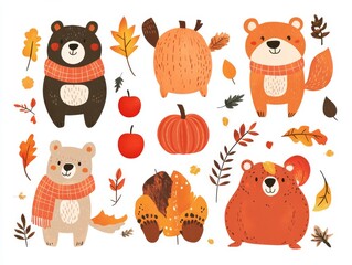 Fototapeta premium 2408 97.A set of cute autumn animals, including a grizzly bear, illustrated with cozy seasonal elements like pumpkins, apples, and warm scarves. The playful design and bright autumn colors make it