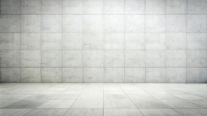 Fototapeta premium White textured concrete wall and white tiled floor in wide-angle view