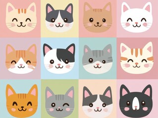 2408 102.A collection of cartoon cat faces in square silhouettes, featuring various fur colors and cute details like pink ears, tiny tongues, and round eyes. The cats have simple, flat designs in a