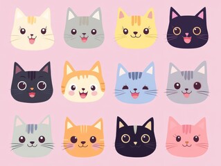 2408 102.A collection of cartoon cat faces in square silhouettes, featuring various fur colors and cute details like pink ears, tiny tongues, and round eyes. The cats have simple, flat designs in a