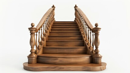 A wooden staircase with a white background