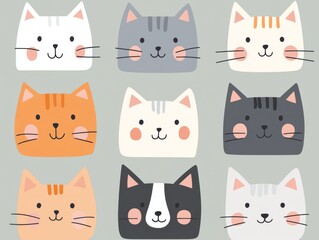 2408 103.A playful set of cat face illustrations with square heads, each in different colors like orange, gray, and white. The cats have cute pink noses, pointy ears, and cheerful expressions, with a