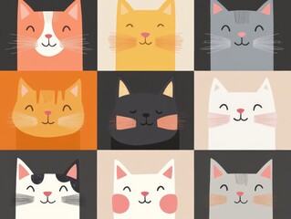 2408 103.A playful set of cat face illustrations with square heads, each in different colors like orange, gray, and white. The cats have cute pink noses, pointy ears, and cheerful expressions, with a