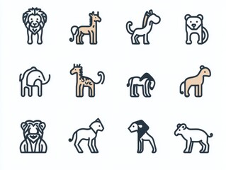 2408 106.A trendy collection of 20 minimal wild animal icons, including a monkey, giraffe, elephant, lion, and more. The vector illustrations feature sleek lines and simple shapes, ideal for web
