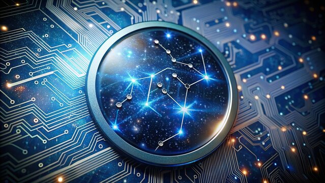 A stock photo featuring a close up view of a printed circuit board with a constellation of the zodiac Gemini resembling a starry sky captured through a fisheye lens, sky, constellation