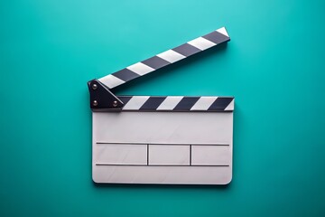 Top view of open white clapperboard over turquoise blue background, centrally composed, blank acrylic filmmaking tool, awaiting script details, ready to start movie production.
