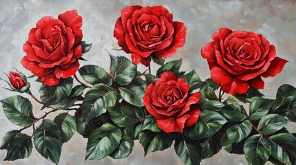  A painting of three red roses against a gray and white background, with green leaves at the bottom