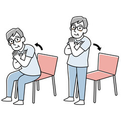 椅子を使ってスクワットをするシニア男性