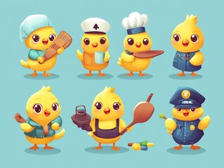 2408 121.A collection of cute Easter chicks in various professional outfits, including a doctor, farmer, chef, and police officer. The yellow chicks are illustrated in a playful vector style, each