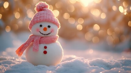 snowman side face close-up, soft pink backdrop, carrot nose and rosy cheeks, blurred background, left side copy space for wishes.