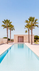 A tranquil modern pool surrounded by palm trees in a serene outdoor setting on a clear sunny day