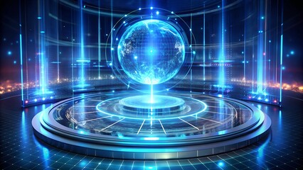 Image of rays around illuminated rotating globe in circles, numbers over abstract background