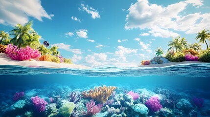 Naklejka premium Travel and vacation background. 3d illustration with cut of the ground and the beautiful sea underwater. Baby sea isolated on blue. 