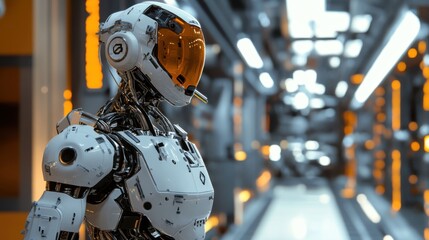 Fototapeta premium 3D effect of a robotic figure with intricate metallic design and dynamic lighting, navigating