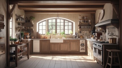 Fototapeta premium 3D effect of a rustic kitchen with detailed wooden beams, classic appliances, and a lively