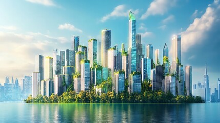 Naklejka premium Modern city skyline with lush greenery