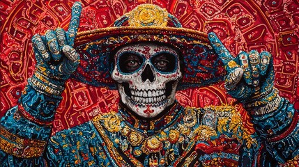 Obraz premium A skeleton dons a sombrero, one hand holding a peace sign, the other a second sombrero