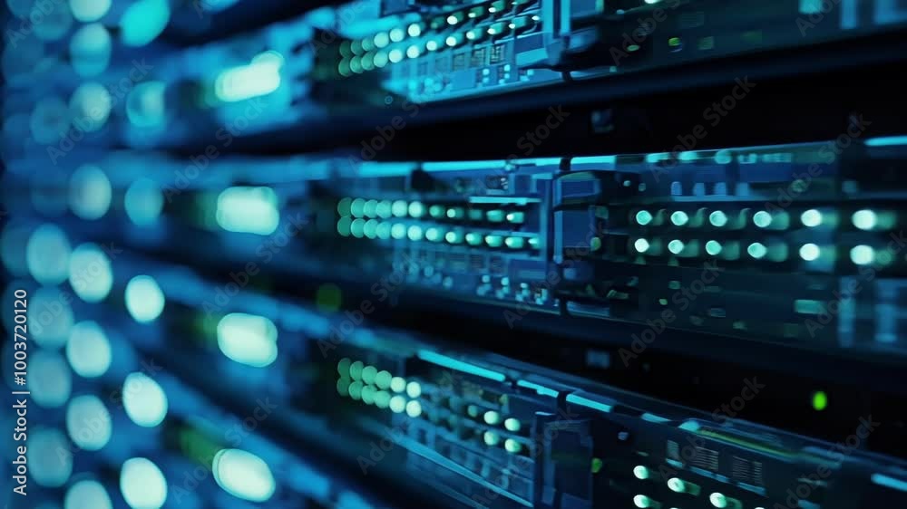 Poster server rack with blinking lights, symbolizing data storage, processing, and the flow of information 