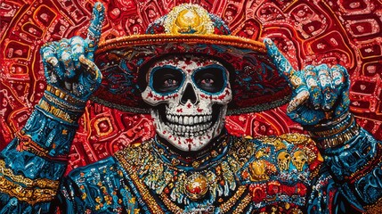 Obraz premium A painting of a skeleton donning a sombrero against a red backdrop