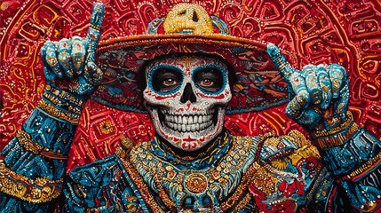 Obraz premium A skeleton, donning a sombrero in one hand and holding a cigarette with the other