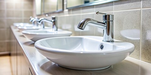 White wash basin with chrome faucet in public restroom macro close up