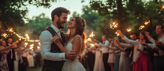 A romantic wedding moment with a couple dancing surrounded by loved ones holding sparklers, creating a magical atmosphere.