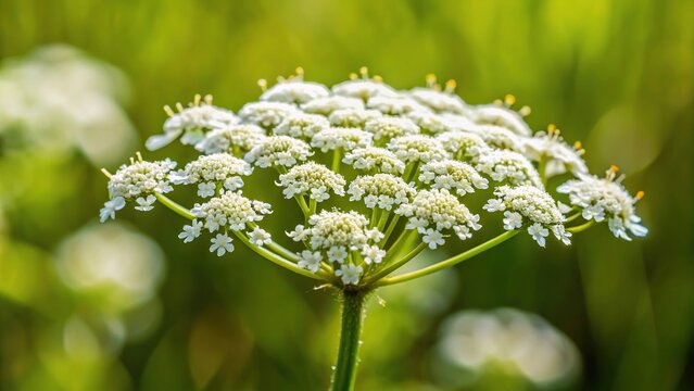 White wild cicuta virosa flower in green background Hemlock branch with tiny white flowers in the summer Closeup of deadly plant