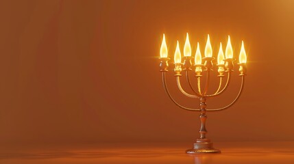 Fototapeta premium A beautiful nine-arm menorah, fully lit, set against a neutral background with space for text, glowing warmly in celebration of the Festival of Lights 