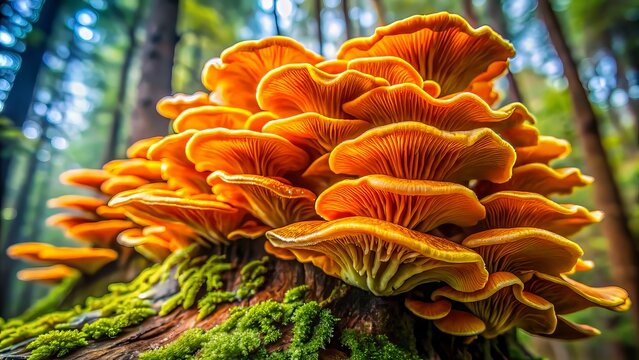 Macro shot of vibrant orange-yellow fungus with intricate gills and ridges, growing on a moss-covered tree trunk in a lush, humid forest environment.