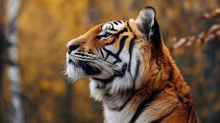 a majestic tiger in profile view, facing to the left. The tiger's fur is a rich orange with distinctive black stripes and a white underside. Its expression is calm and focused, with its ears perked up