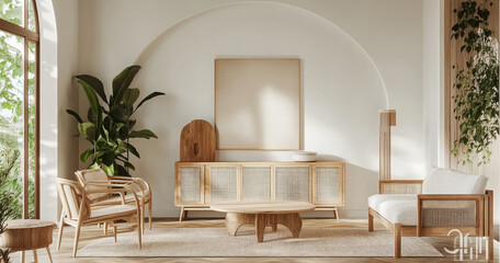 A living room with a wooden floor, white walls, and modern furniture. A sofa is placed on the left side of an arch-shaped cabinet in a light wood color.