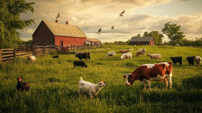 A real-life photograph capturing a vibrant farm scene with a diverse array of animals--cows, chickens, goats, and pigs--peacefully grazing and interacting in a lush, open field, celebrating World Farm